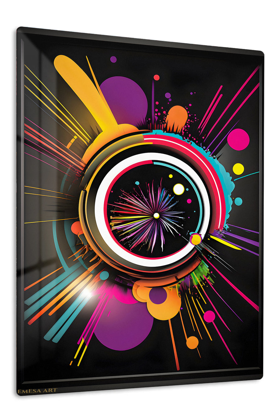 Neon Orbit Burst premium metal wall art – front view