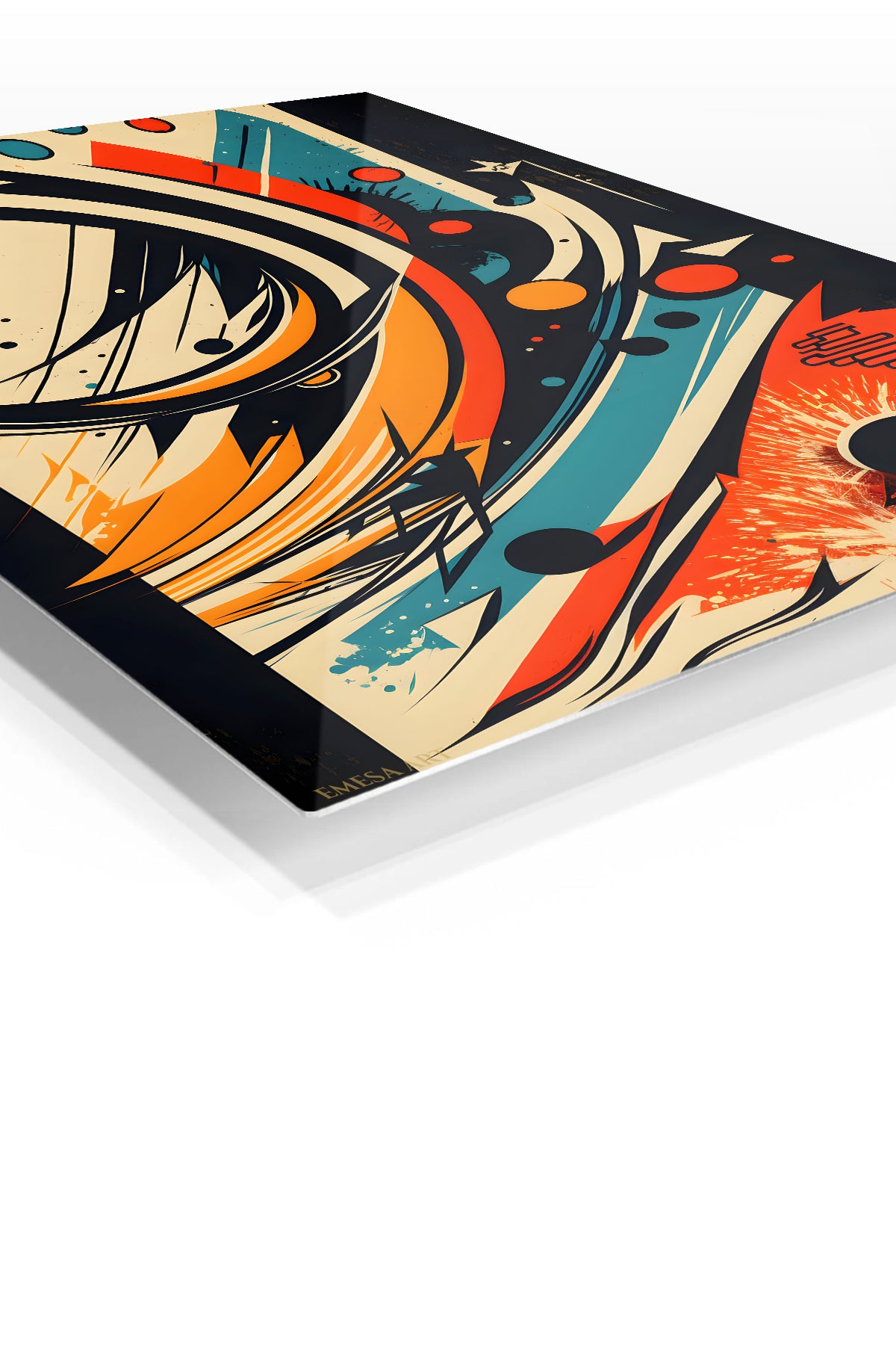 Neon Orbit Burst premium metal wall art – angled view