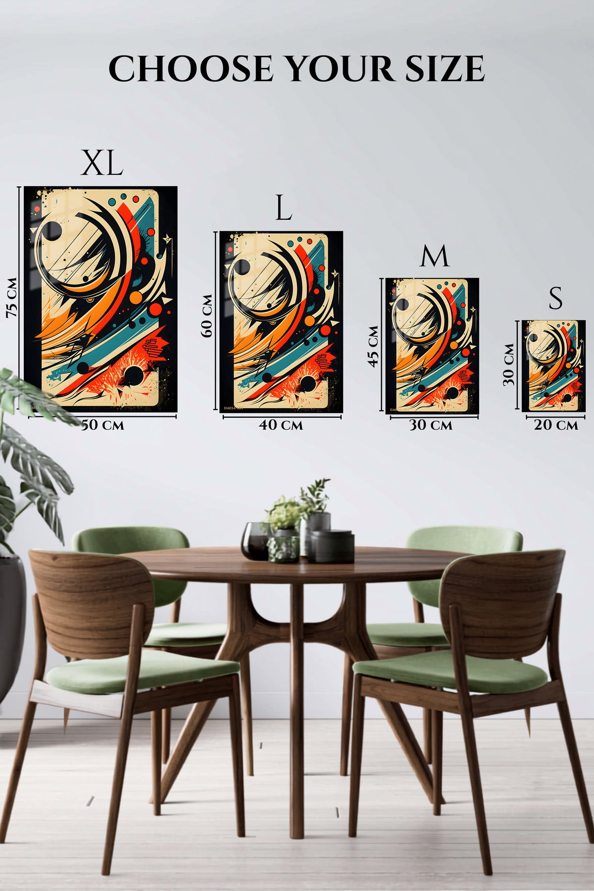 EMESA metal wall art size comparison guide for Neon Orbit Burst