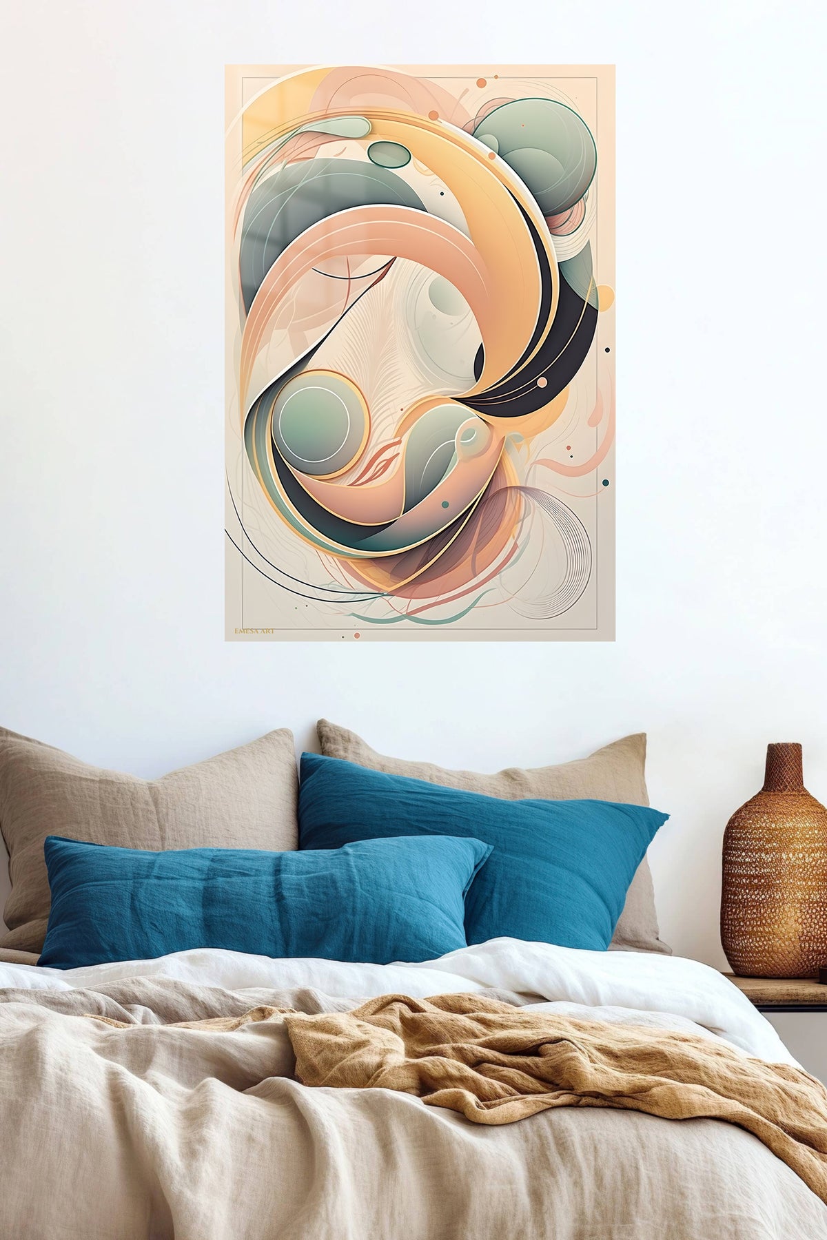 Teal and Coral Geometric Burst metal wall art displayed in a contemporary living space