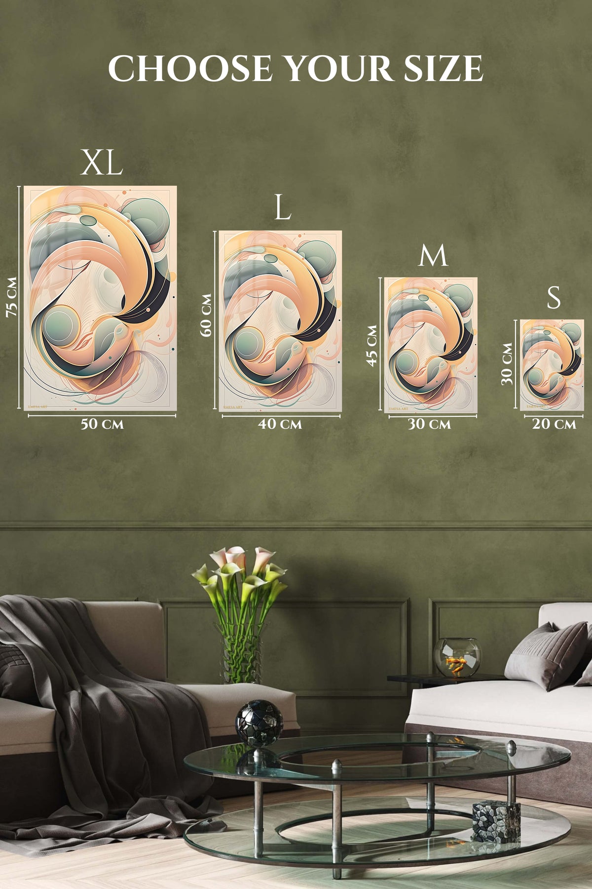EMESA metal wall art size comparison guide for Teal and Coral Geometric Burst