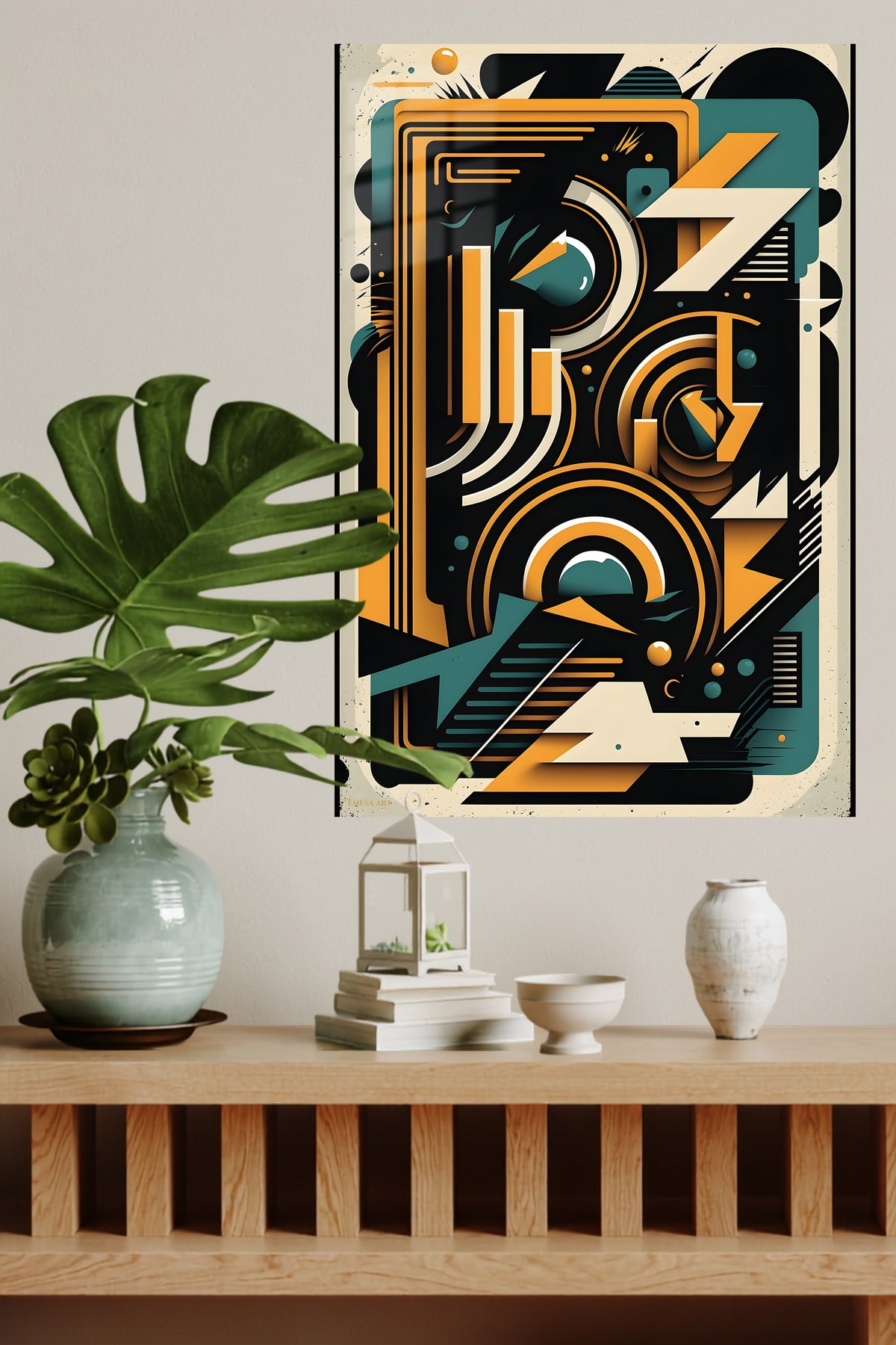 Teal and Gold Orbital Geometry metal wall art displayed in a modern interior