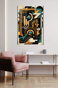 Teal and Gold Orbital Geometry metal wall art displayed in a contemporary living space