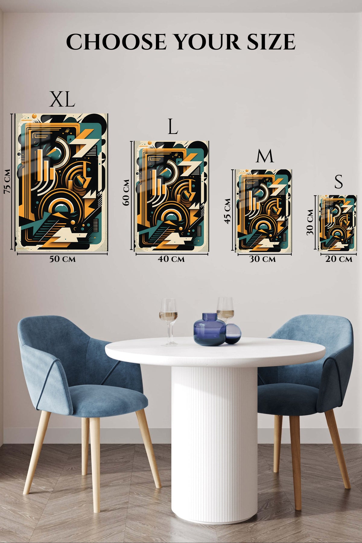 EMESA metal wall art size comparison guide for Teal and Gold Orbital Geometry