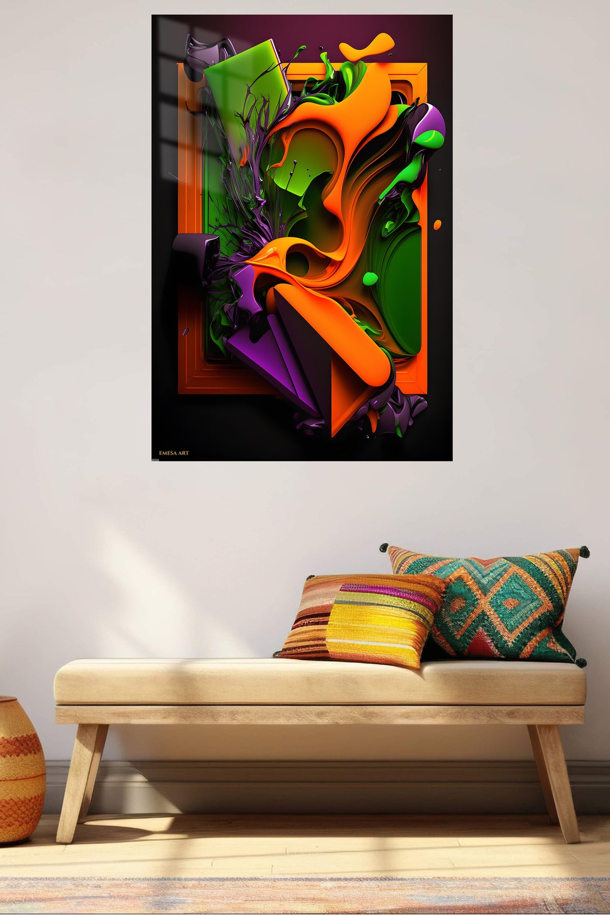 Faceted Mountain Forest metal wall art displayed in a contemporary living space