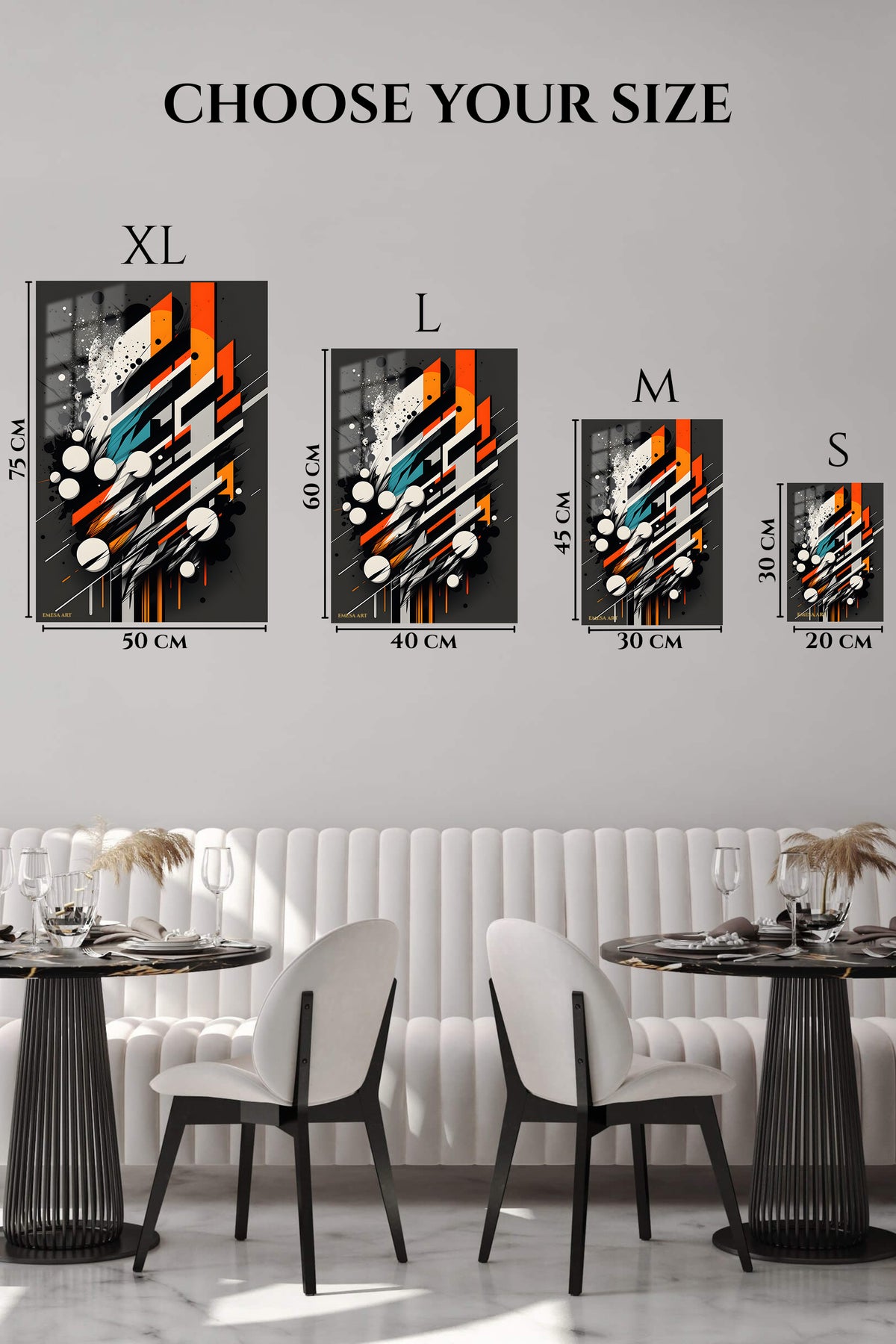 EMESA metal wall art size comparison guide for Teal and Gold Vertical Currents
