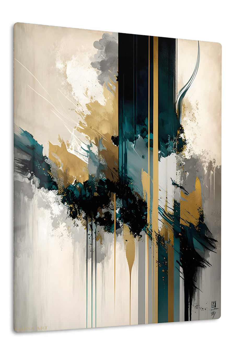 Teal and Gold Ascension premium metal wall art – front view