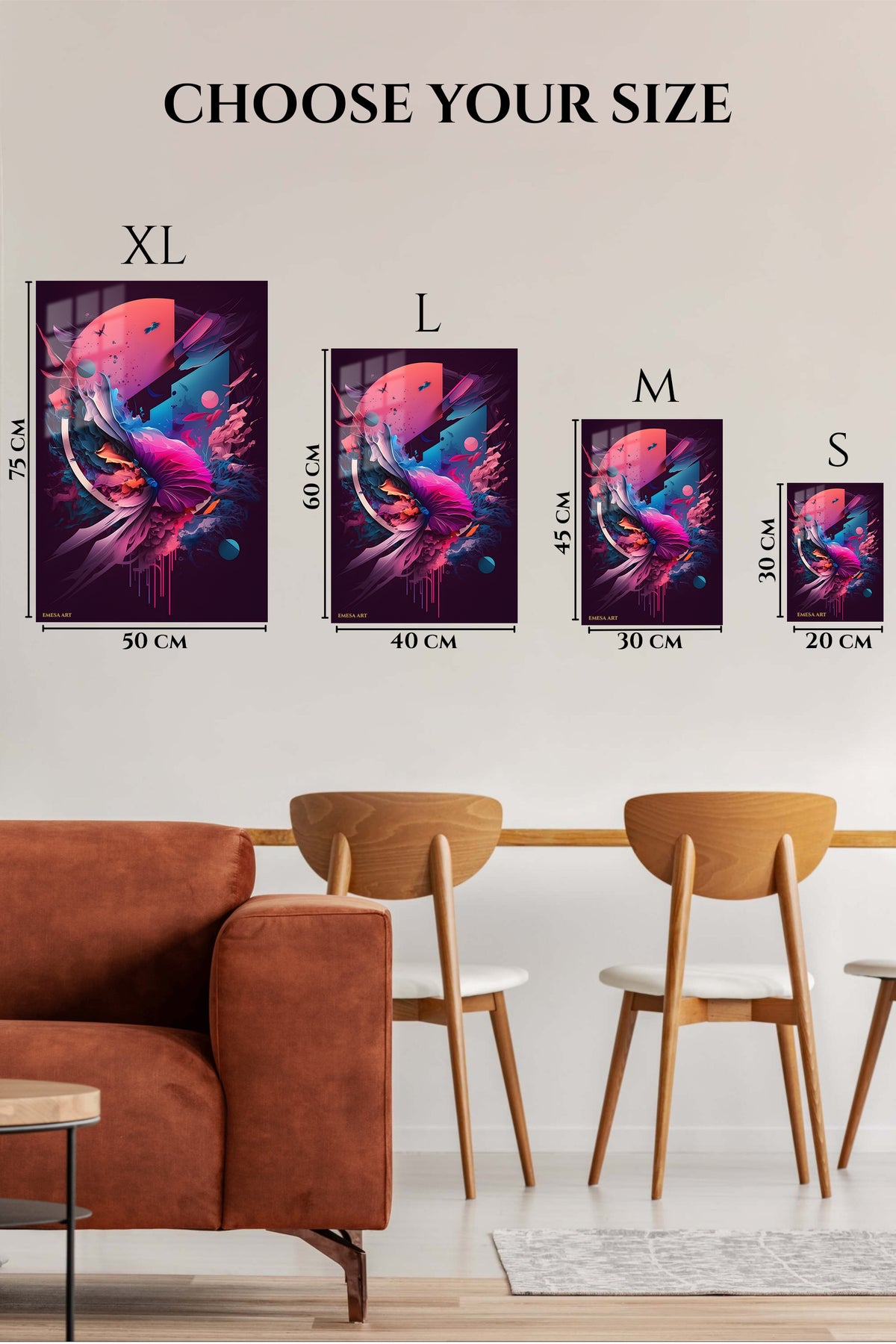 EMESA metal wall art size comparison guide for Teal and Gold Ascension
