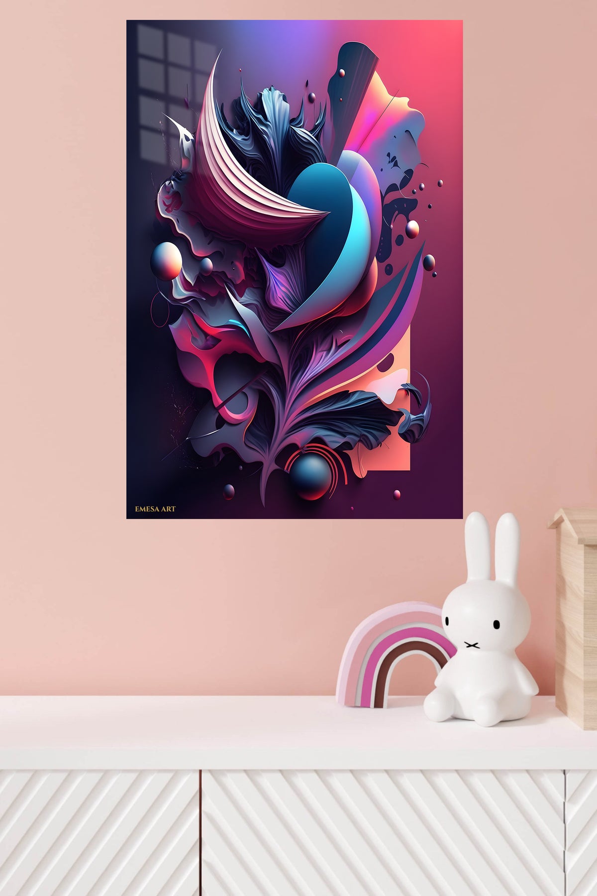 Orbiting Sunburst Abstraction metal wall art displayed in a modern interior