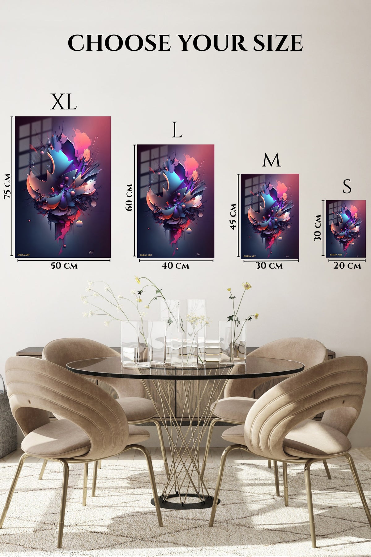 EMESA metal wall art size comparison guide for Golden Orbit Grid