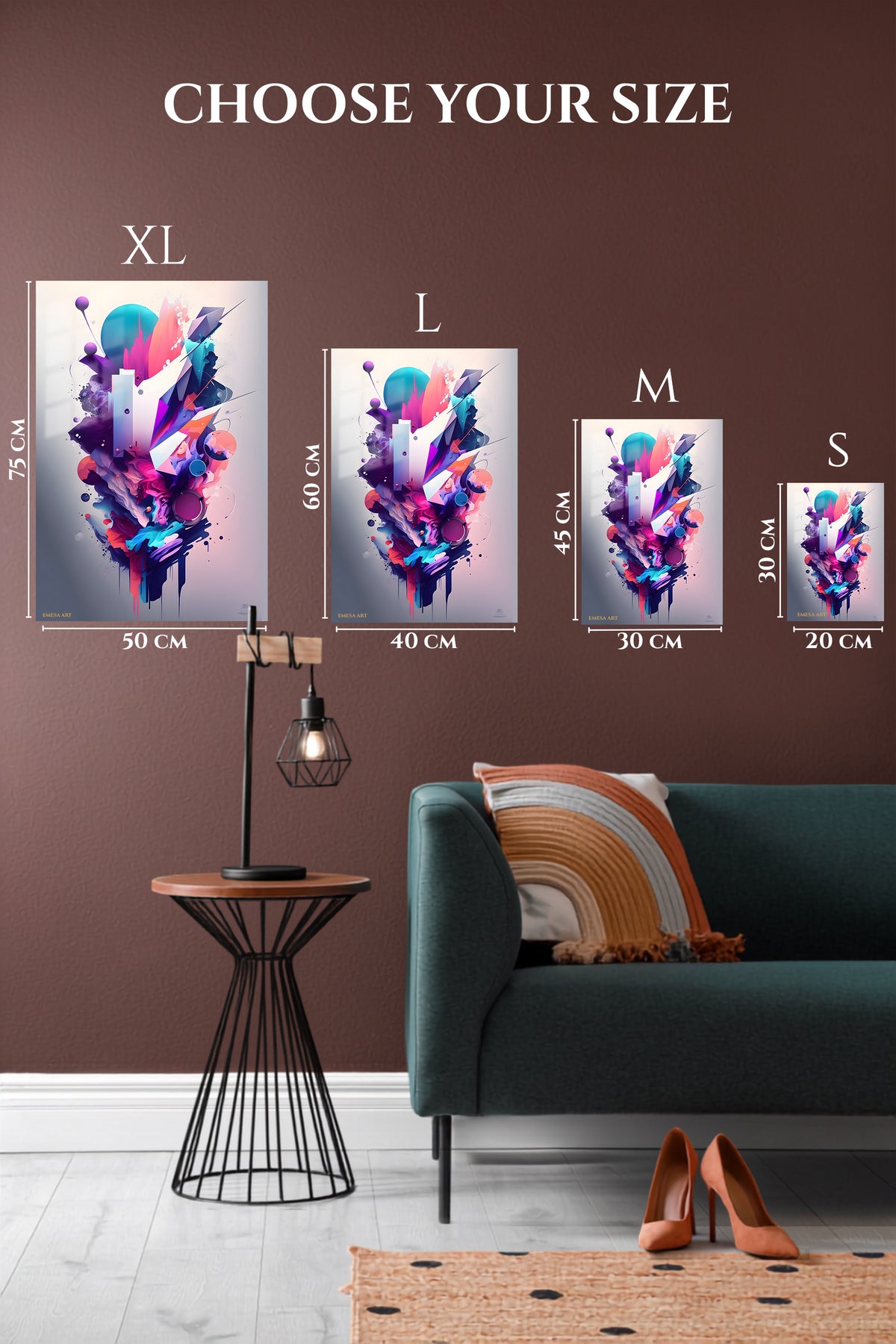 EMESA metal wall art size comparison guide for Neon Orbital Layers