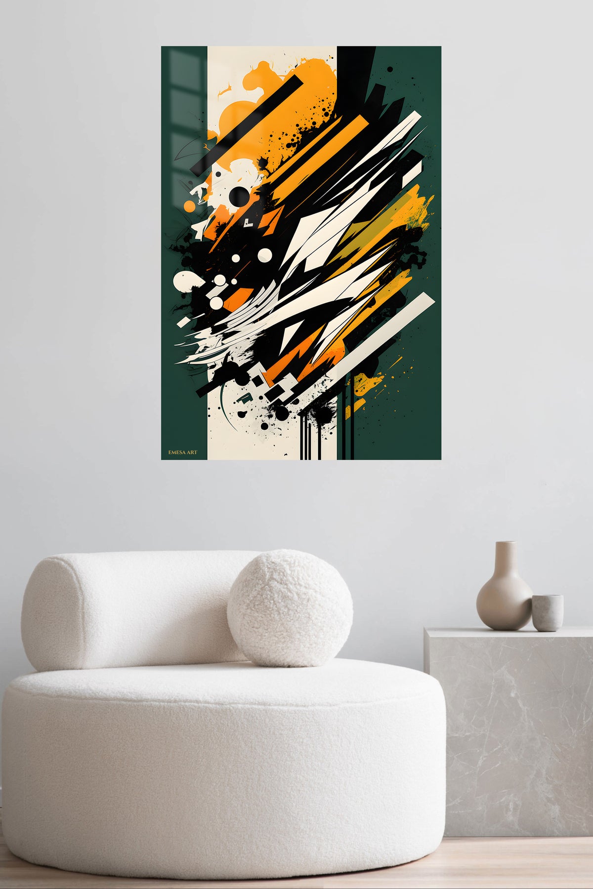 Gold Frame Abstract Collision metal wall art displayed in a contemporary living space