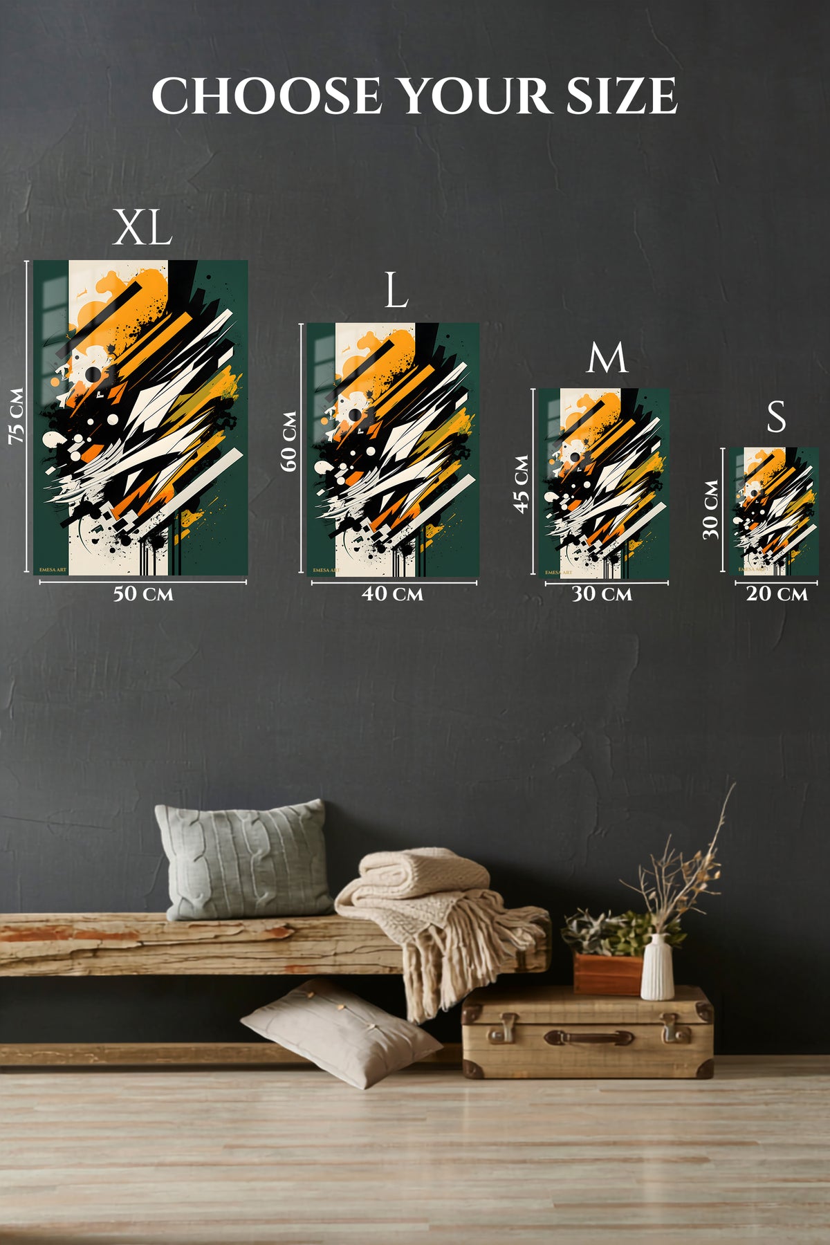 EMESA metal wall art size comparison guide for Gold Frame Abstract Collision