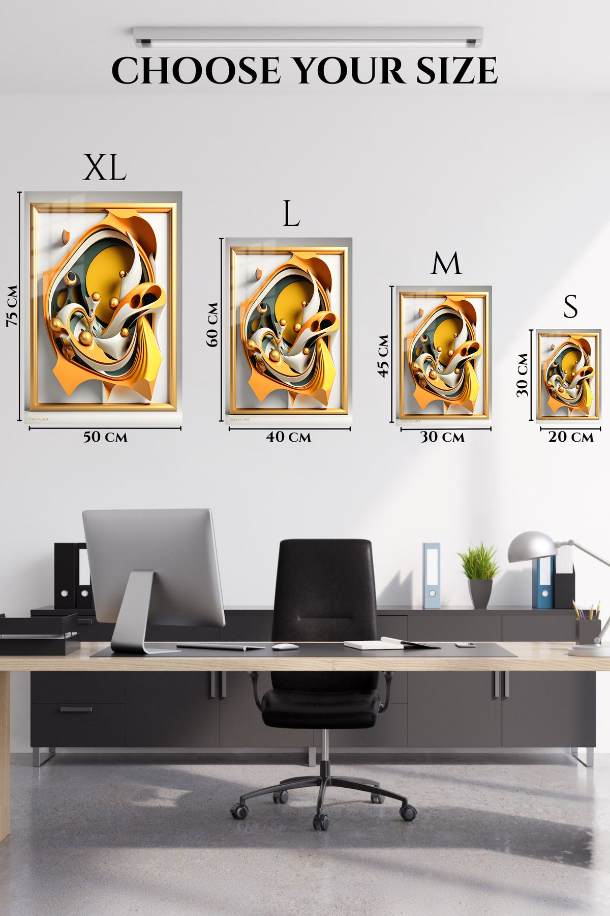 EMESA metal wall art size comparison guide for Orbiting Geometric Forms