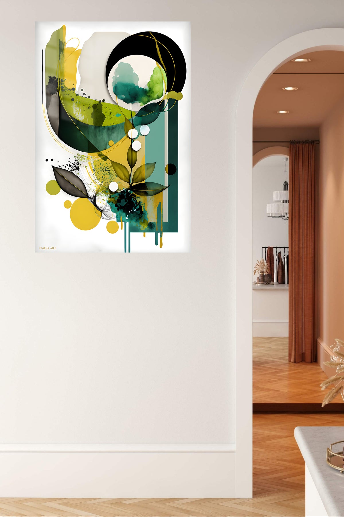 Twin Halo Geometry metal wall art displayed in a contemporary living space