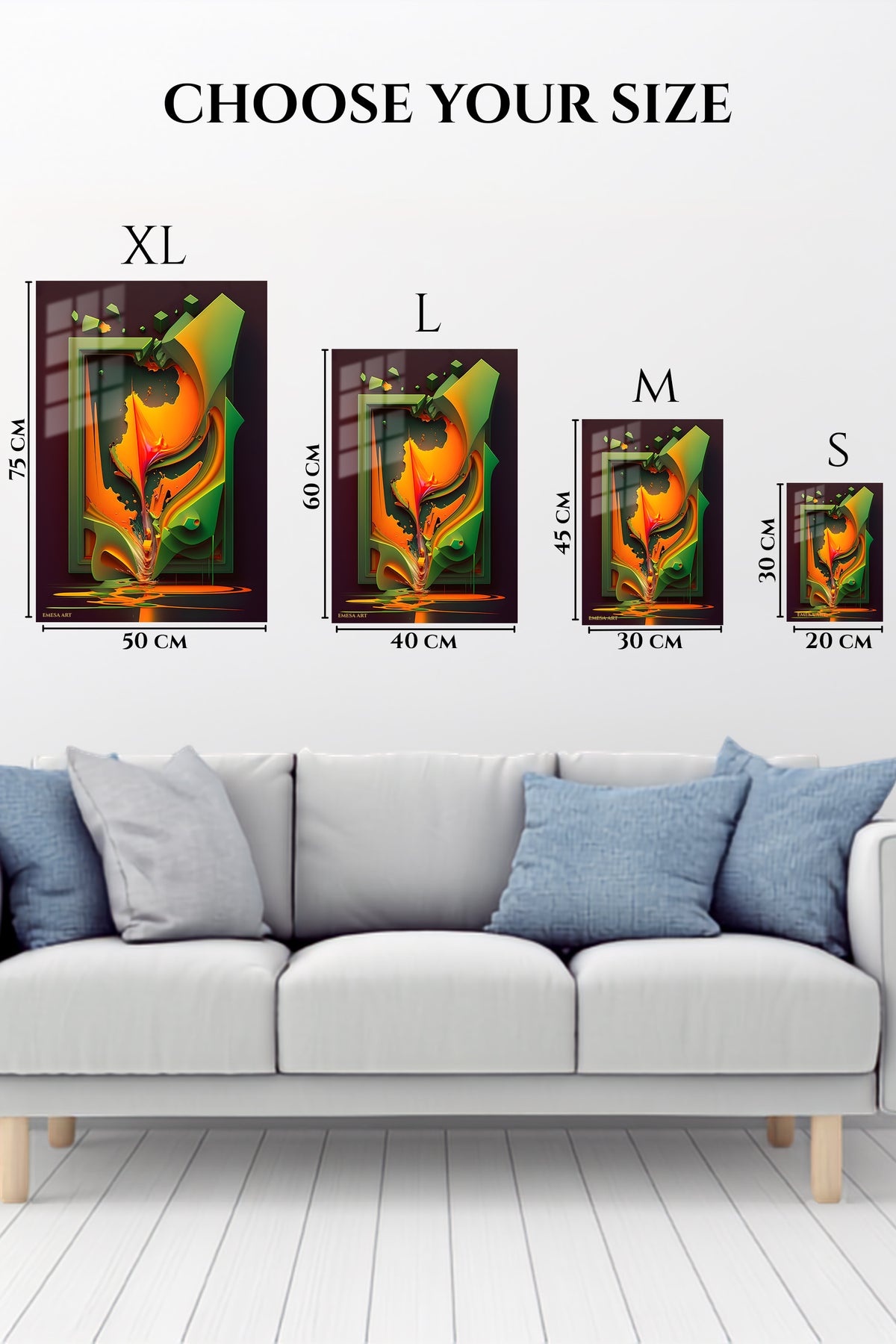EMESA metal wall art size comparison guide for Gilded Violet Orb Geometry