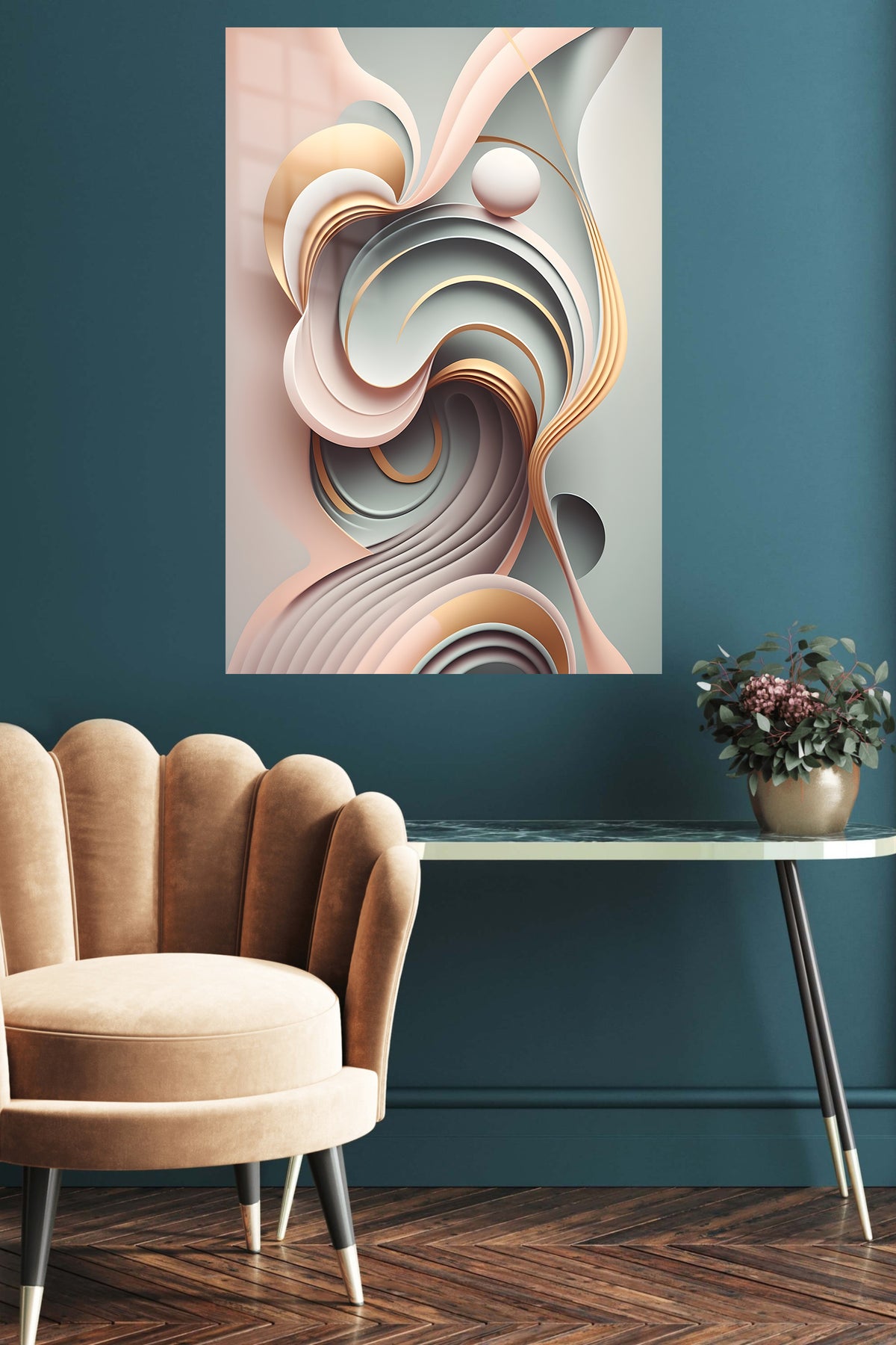 Geometric Mountain Forest in Gold metal wall art displayed in a contemporary living space