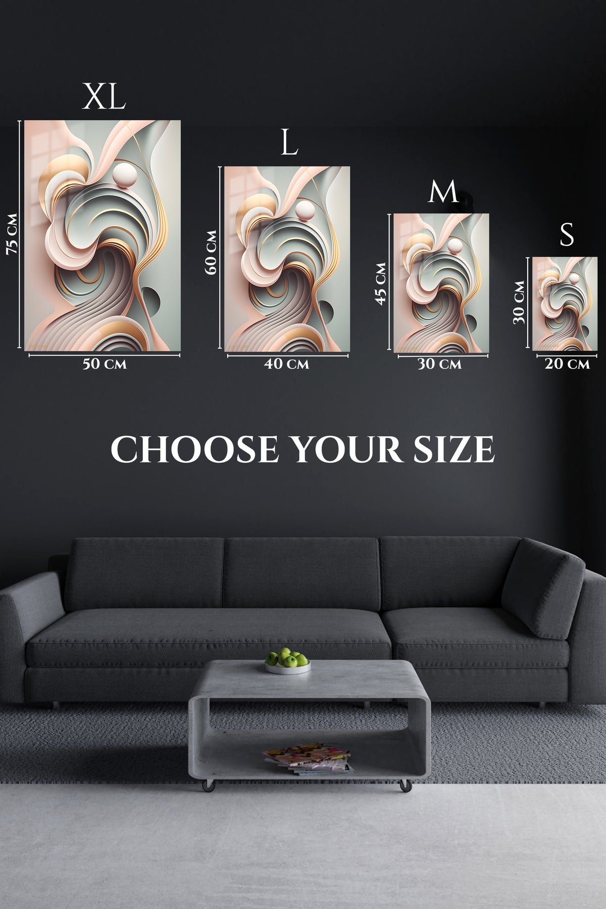 EMESA metal wall art size comparison guide for Geometric Mountain Forest in Gold