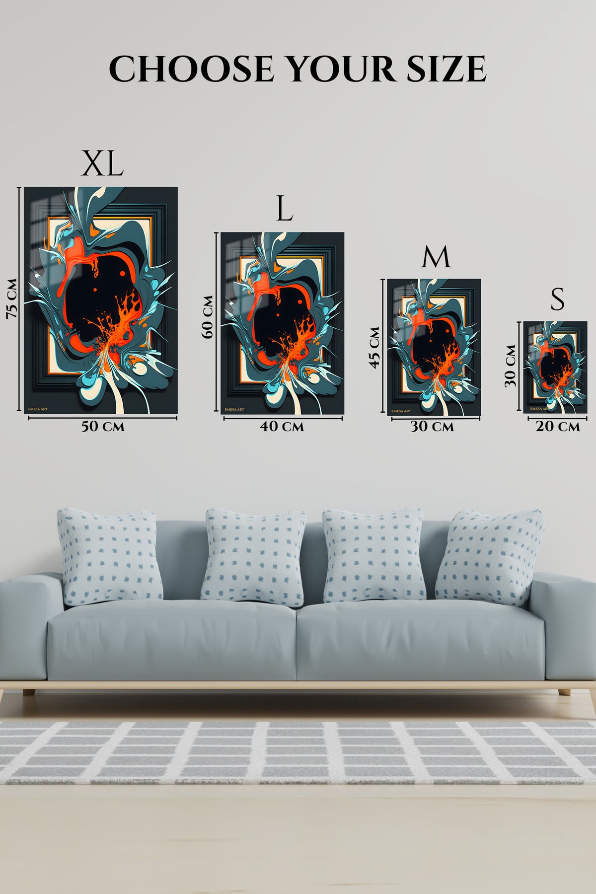 EMESA metal wall art size comparison guide for Smokebound Mountain Geometry