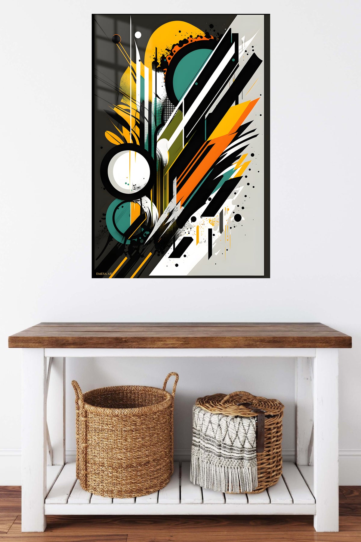 Neon Nested Squares metal wall art displayed in a contemporary living space