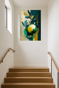 Amber Botanical Orbit metal wall art displayed in a contemporary living space