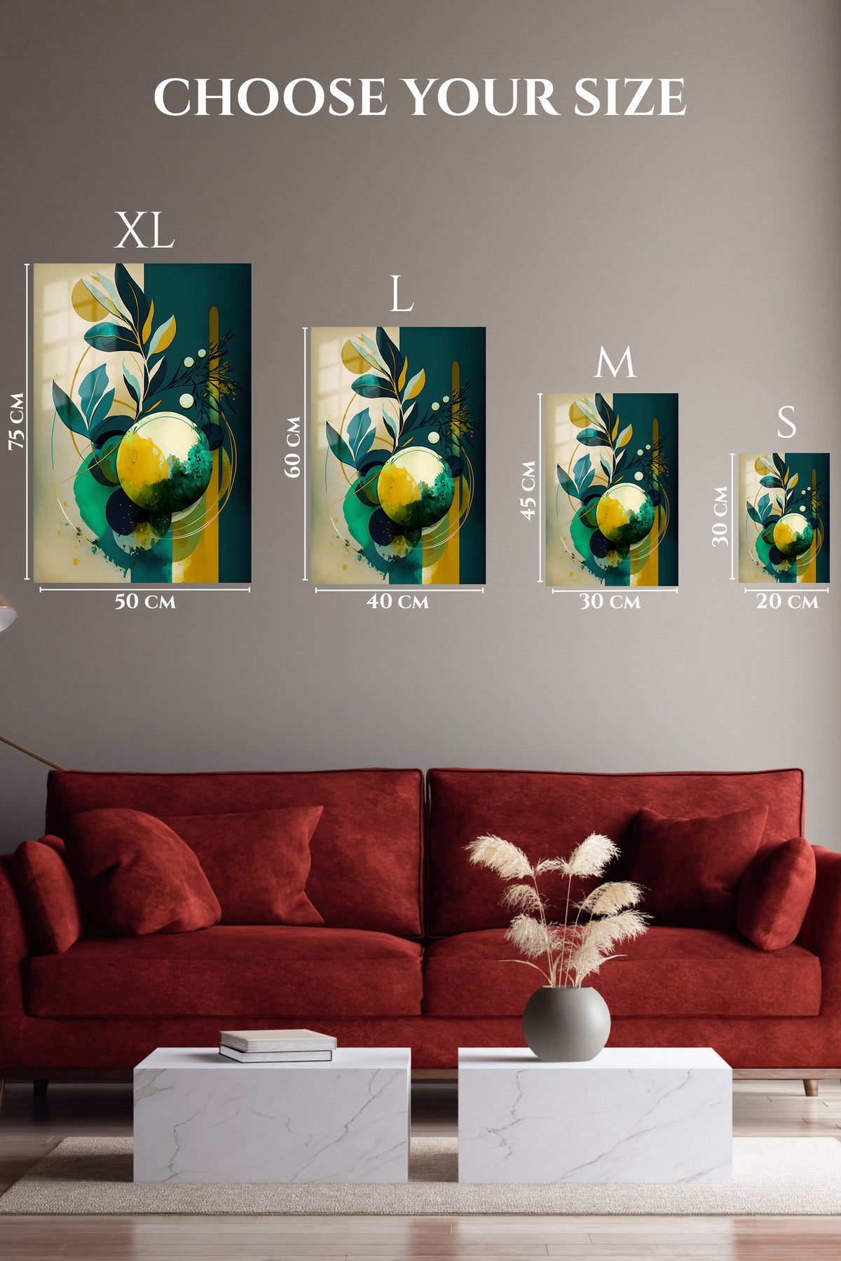 EMESA metal wall art size comparison guide for Amber Botanical Orbit
