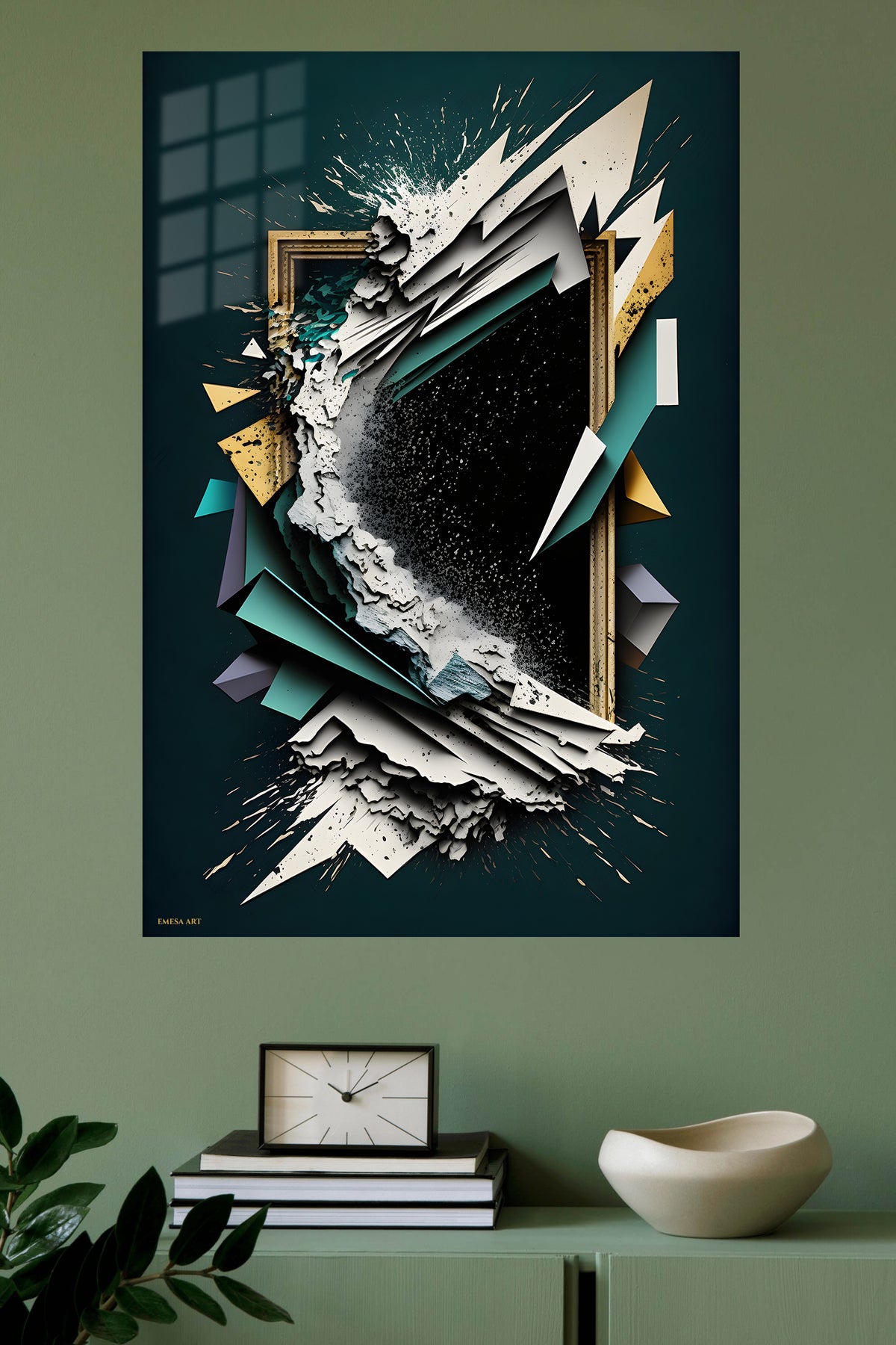 Crimson Botanical Geometry metal wall art displayed in a modern interior