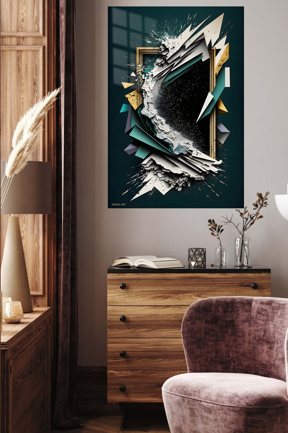 Crimson Botanical Geometry metal wall art displayed in a contemporary living space