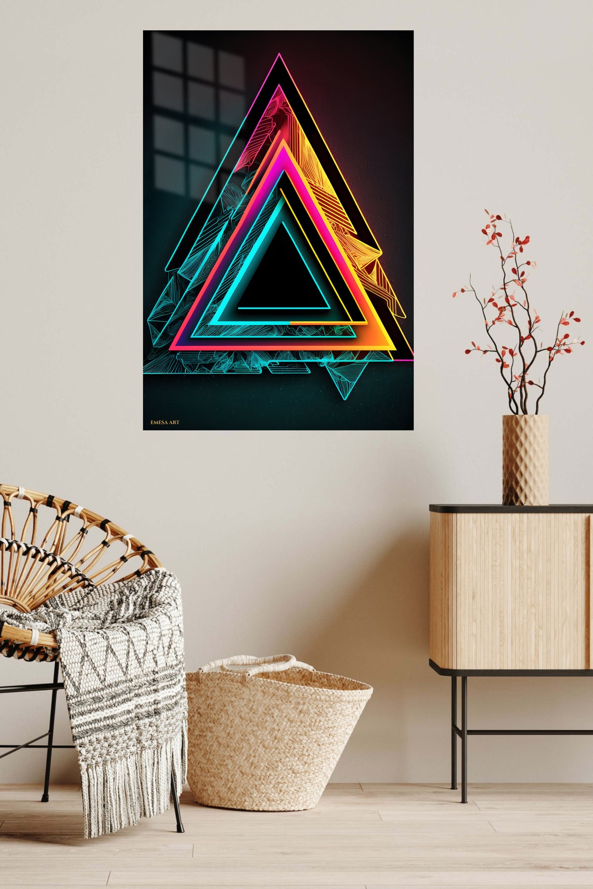 Golden Orbit Geometry metal wall art displayed in a contemporary living space