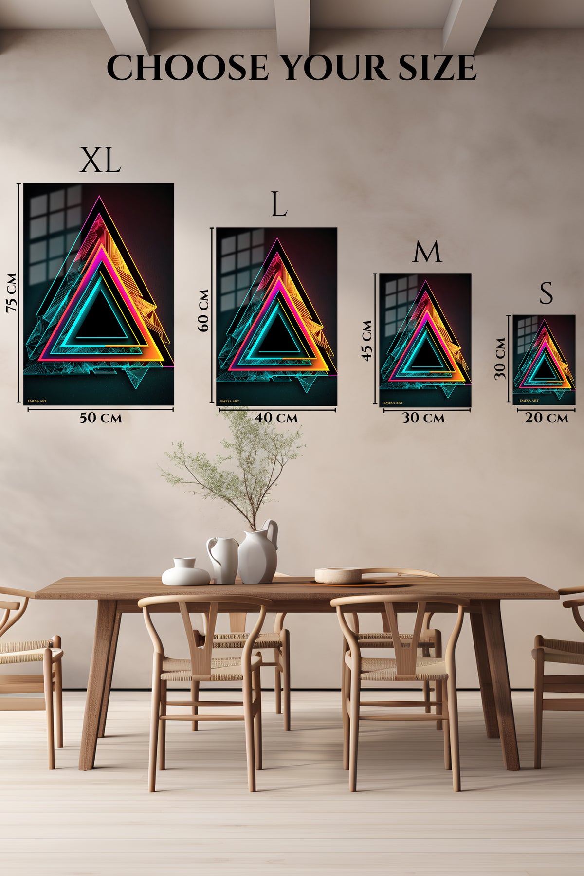 EMESA metal wall art size comparison guide for Golden Orbit Geometry
