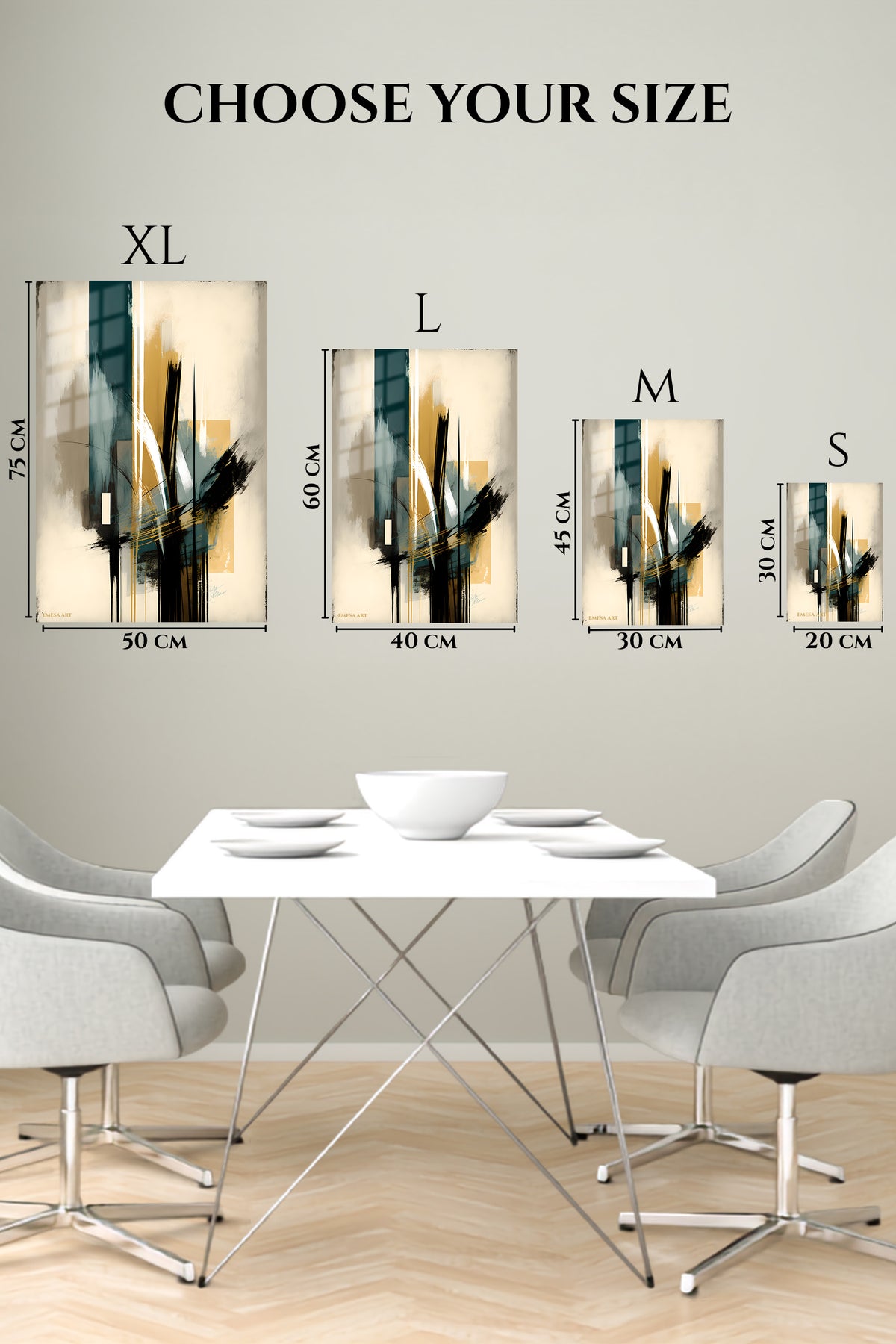 EMESA metal wall art size comparison guide for Chromatic Cube Cascade