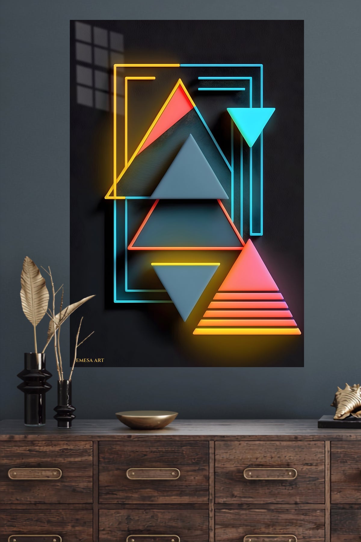 Neon Drip Dimension metal wall art displayed in a modern interior