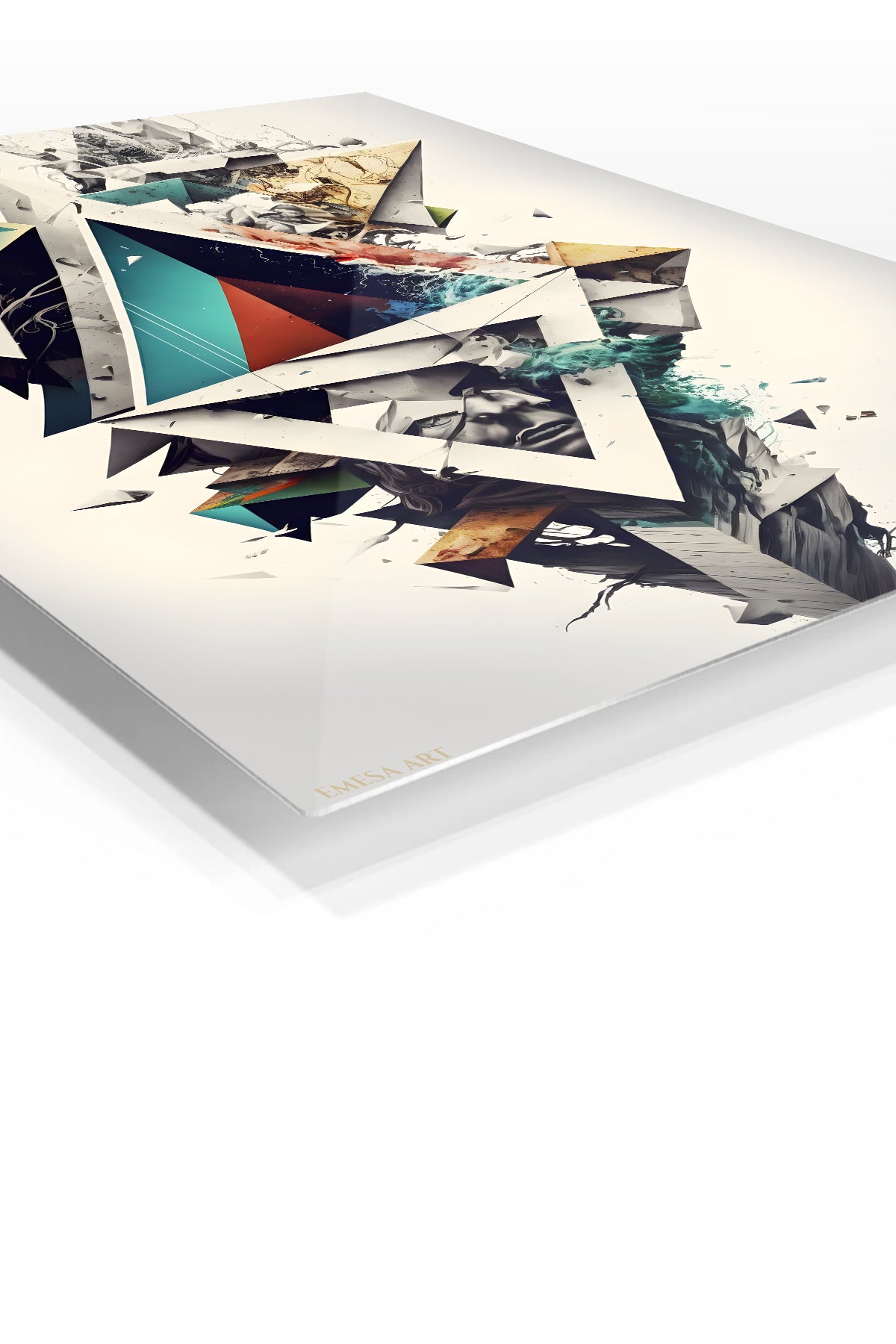 Gold Geometry on a Violet Divide premium metal wall art – angled view