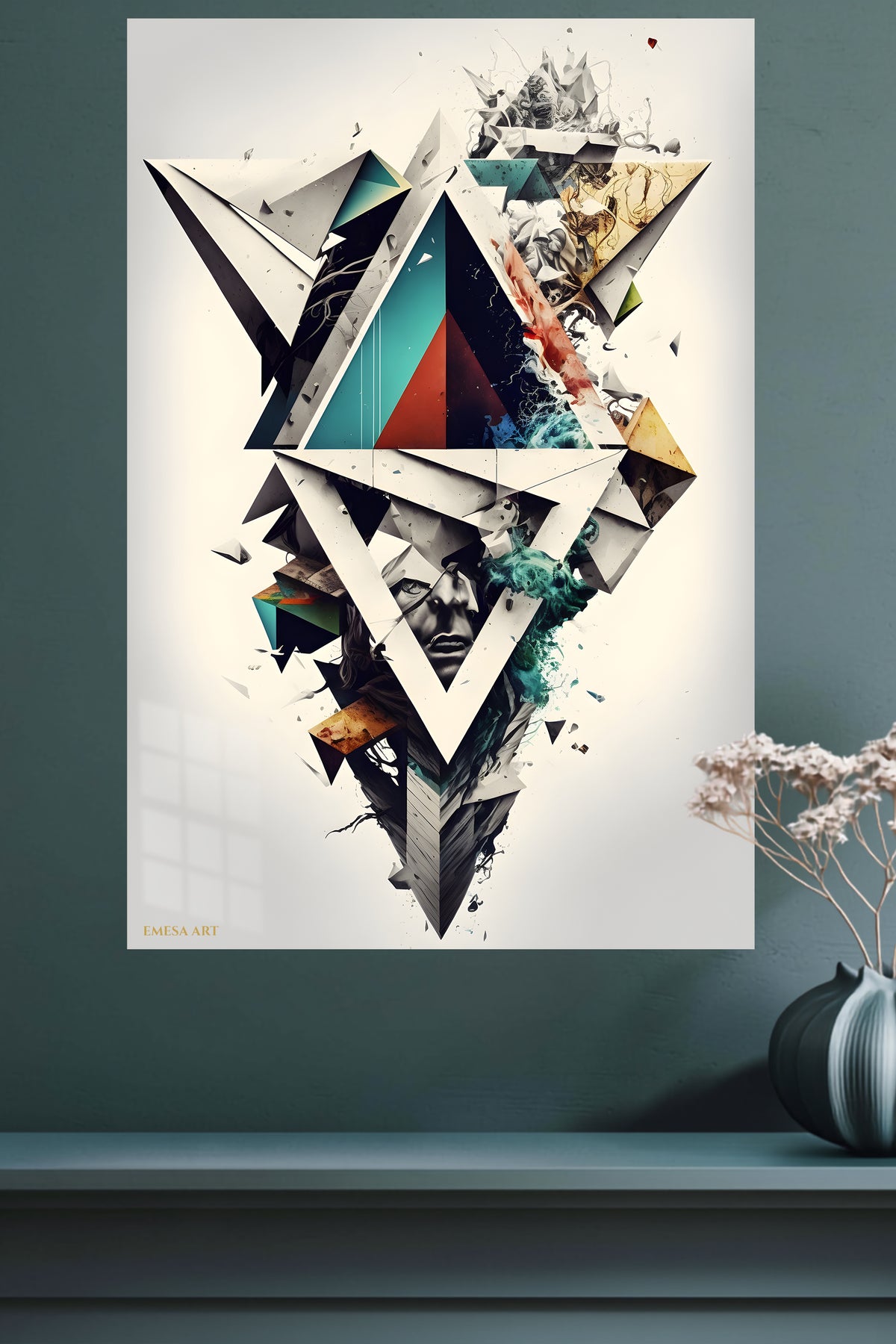 Gold Geometry on a Violet Divide metal wall art displayed in a modern interior