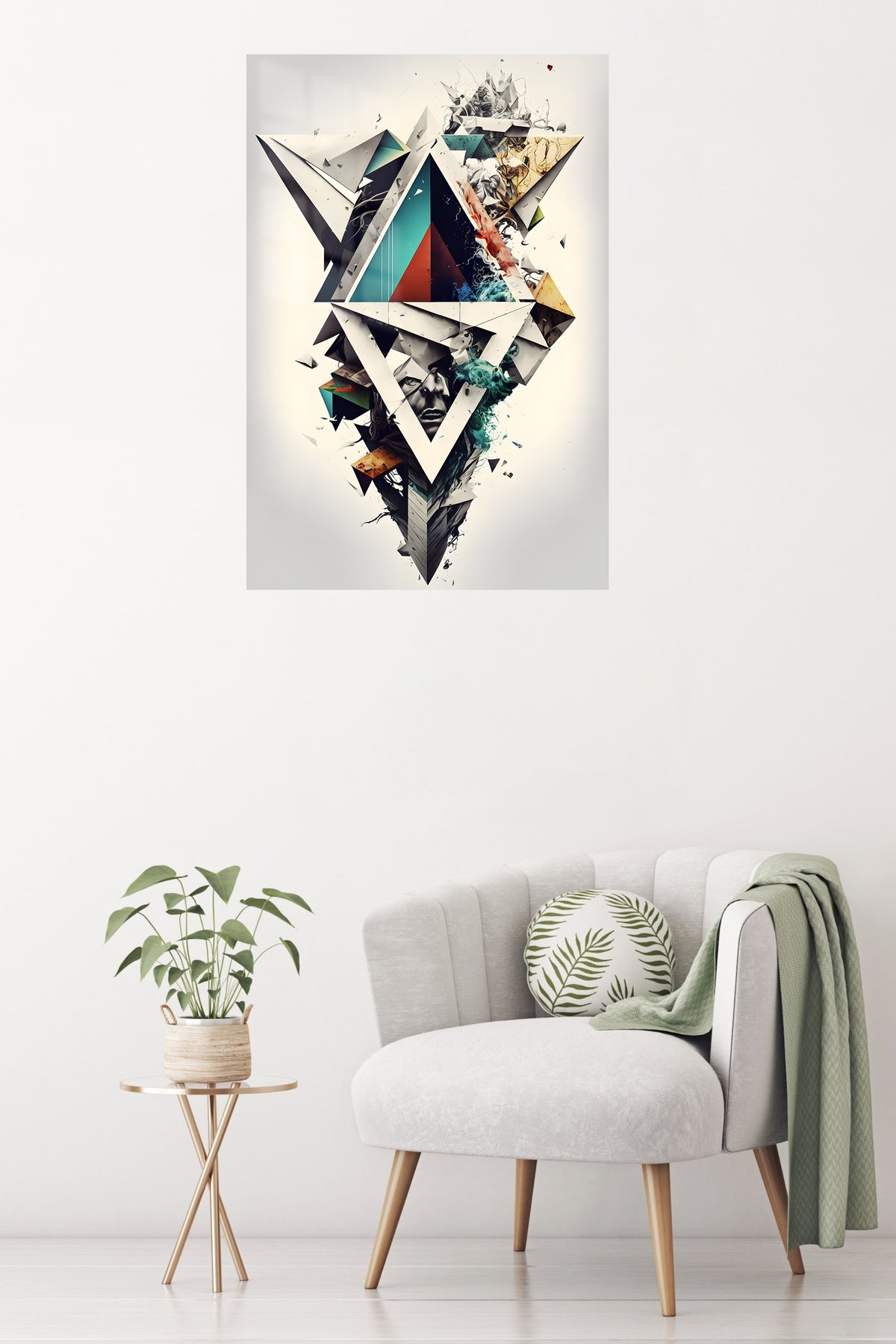 Gold Geometry on a Violet Divide metal wall art displayed in a contemporary living space