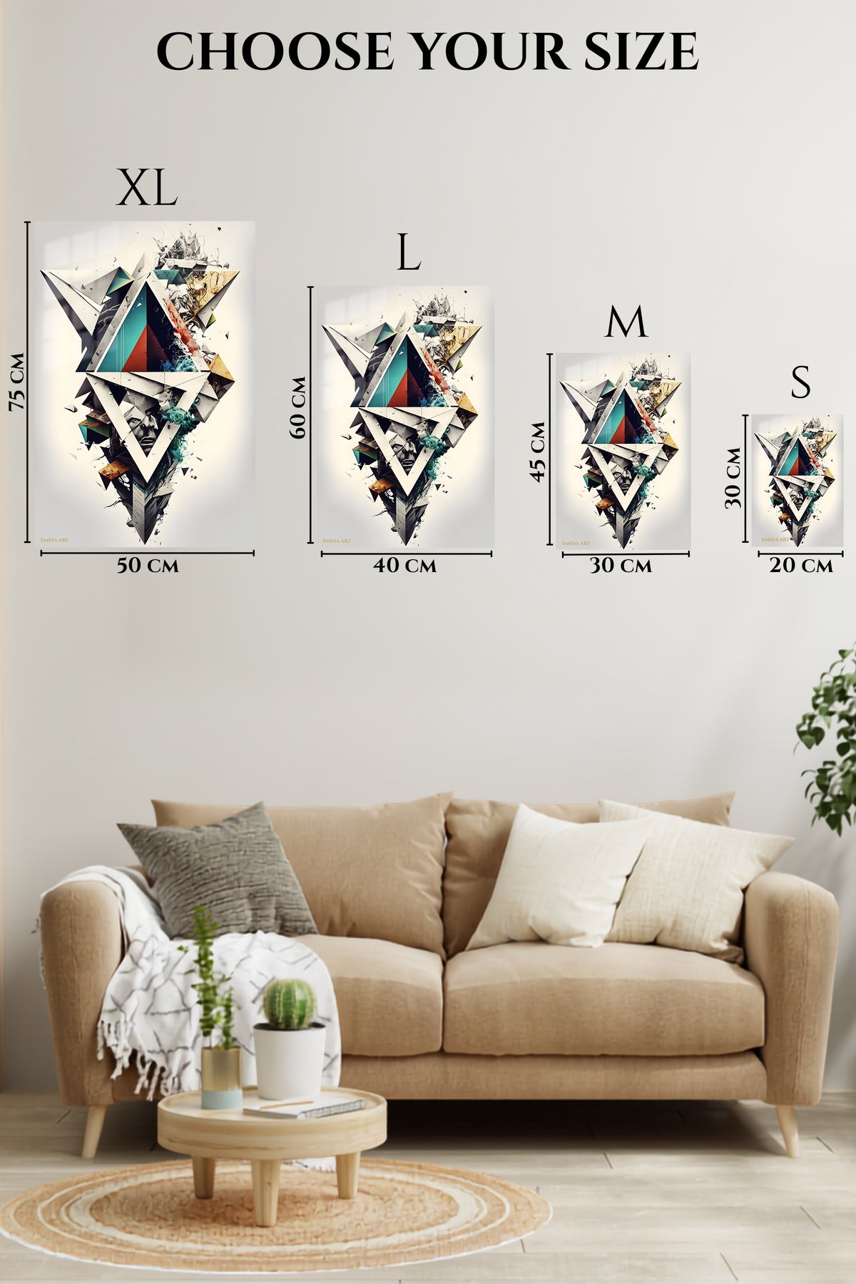 EMESA metal wall art size comparison guide for Gold Geometry on a Violet Divide