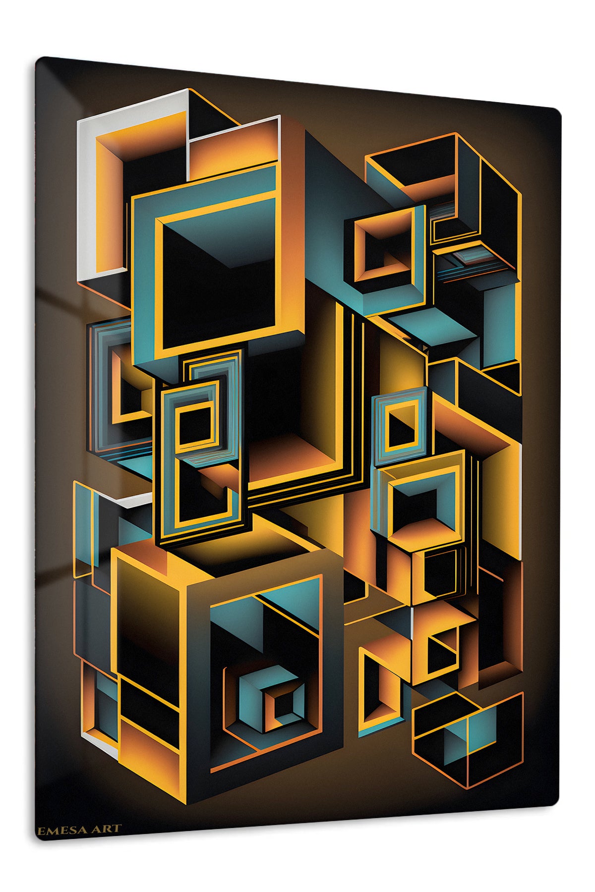 Obsidian Angles in Ochre premium metal wall art – front view