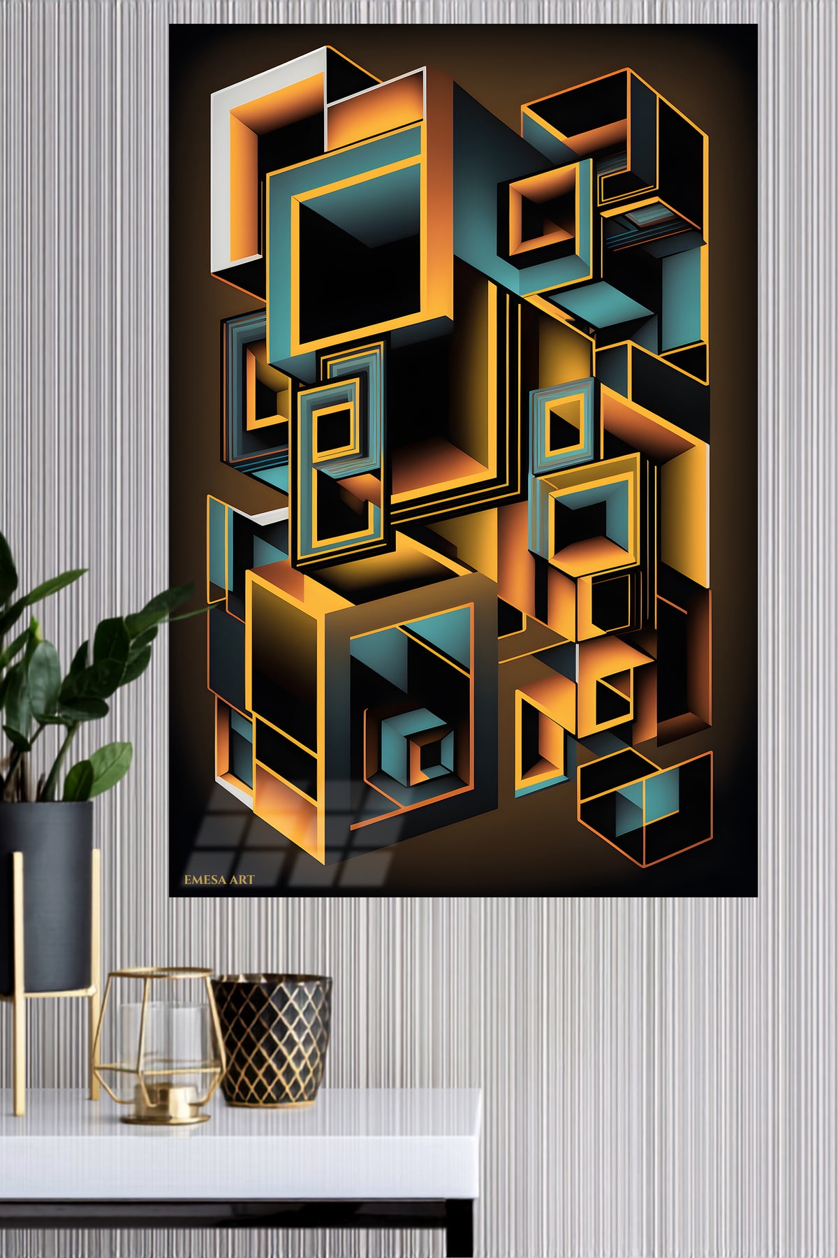 Obsidian Angles in Ochre metal wall art displayed in a modern interior