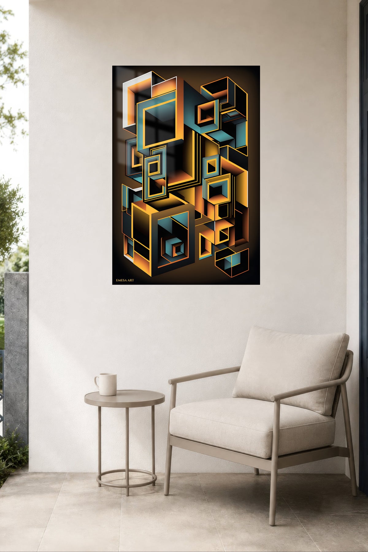Obsidian Angles in Ochre metal wall art displayed in a contemporary living space