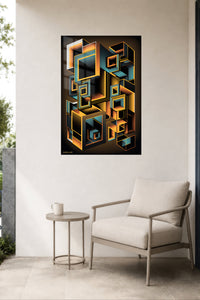 Obsidian Angles in Ochre metal wall art displayed in a contemporary living space