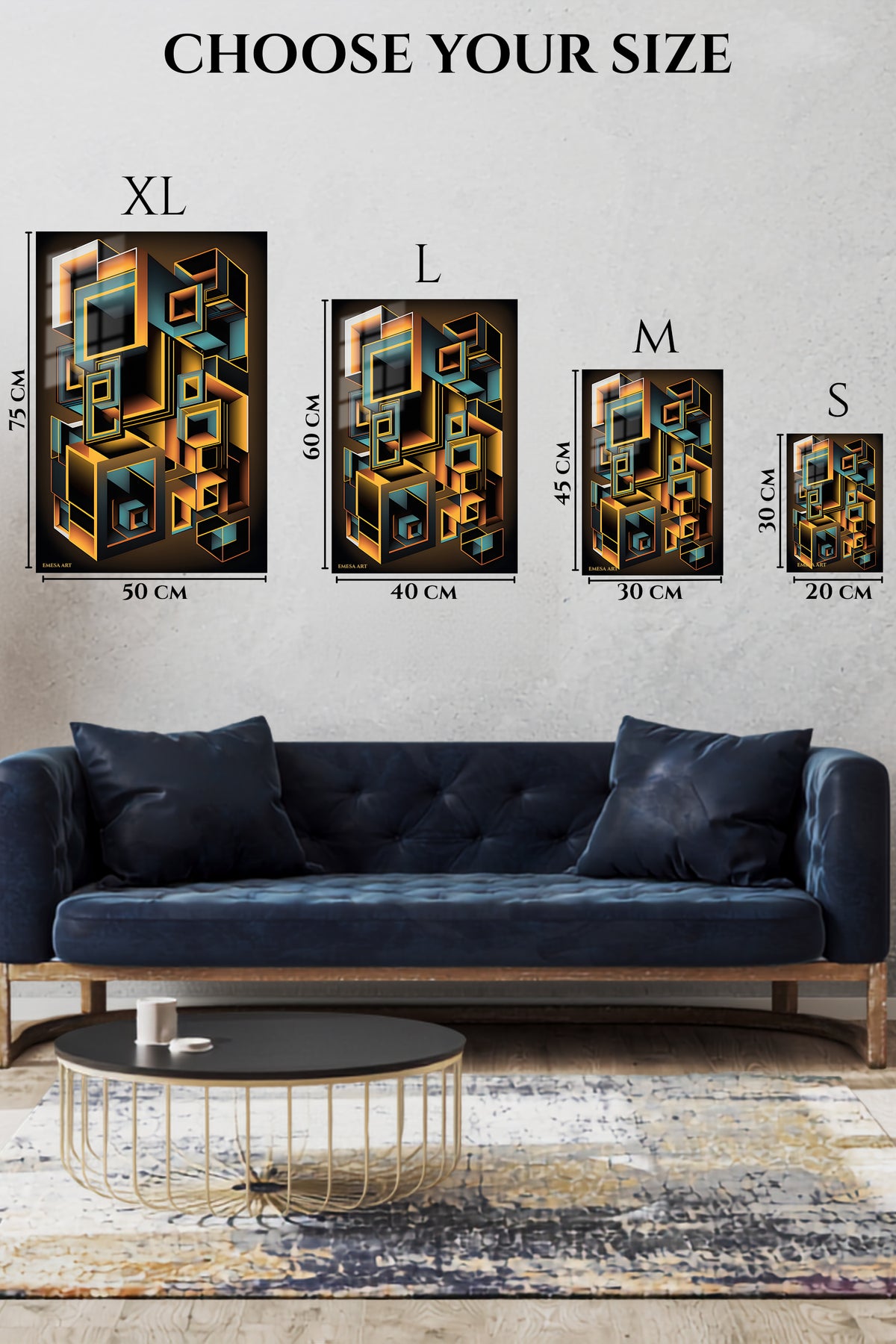 EMESA metal wall art size comparison guide for Obsidian Angles in Ochre