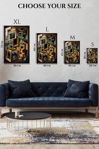 EMESA metal wall art size comparison guide for Obsidian Angles in Ochre