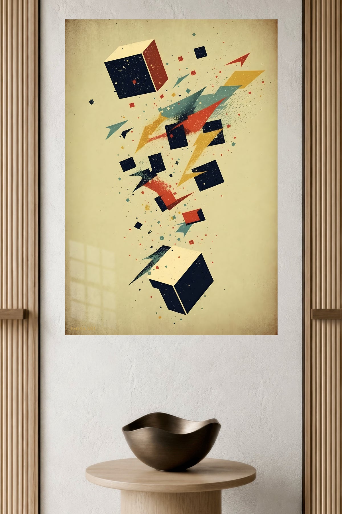 Celestial Triangle Balance metal wall art displayed in a modern interior