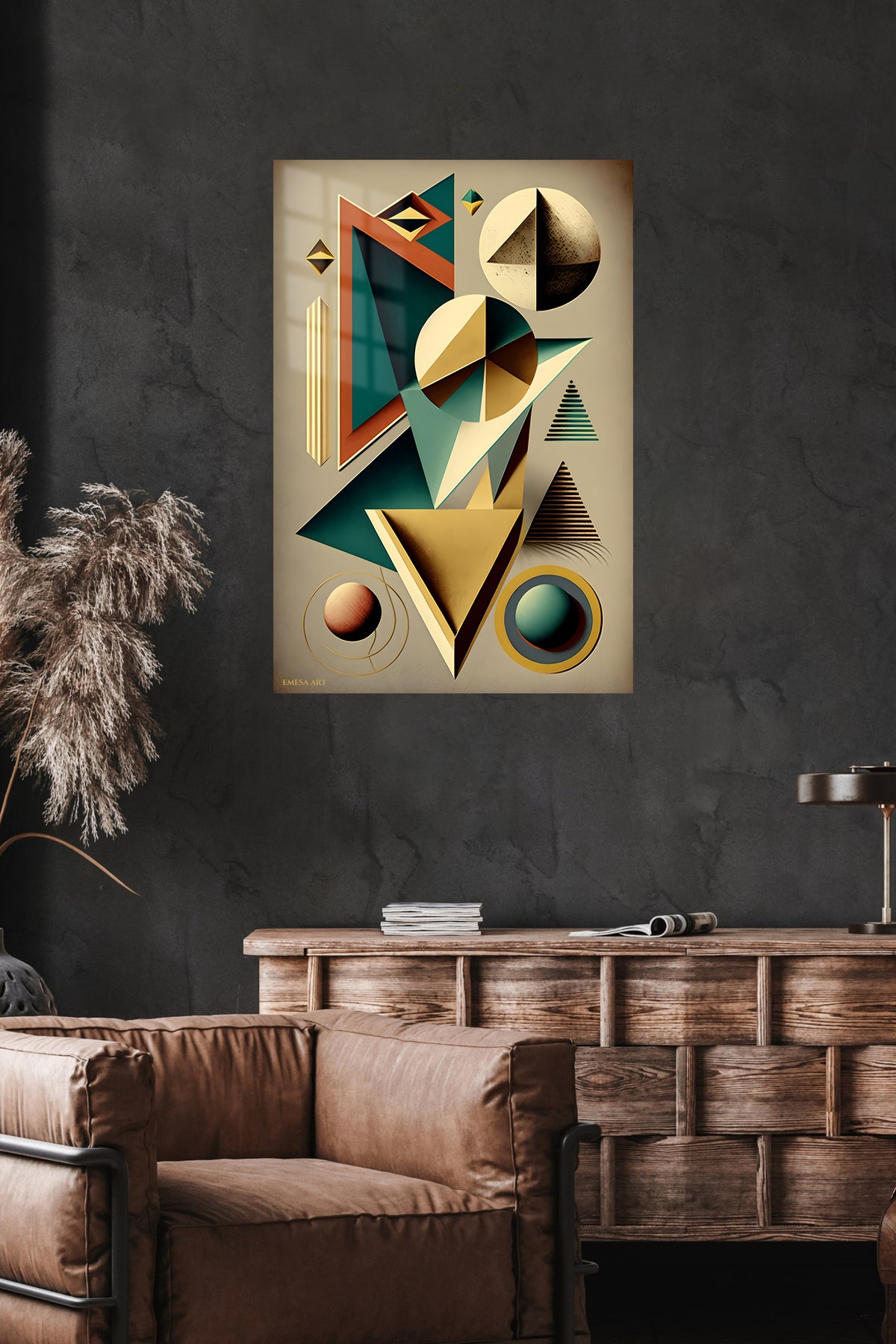 Emerald Orbit metal wall art displayed in a modern interior