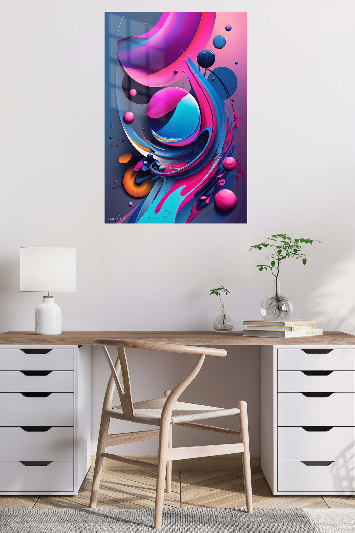 Neon Prism Triangle metal wall art displayed in a contemporary living space
