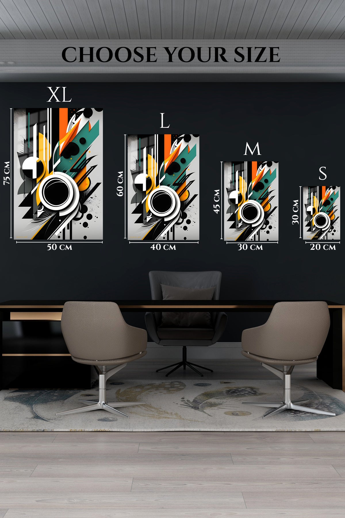 EMESA metal wall art size comparison guide for Obsidian and Ivory Brushwork