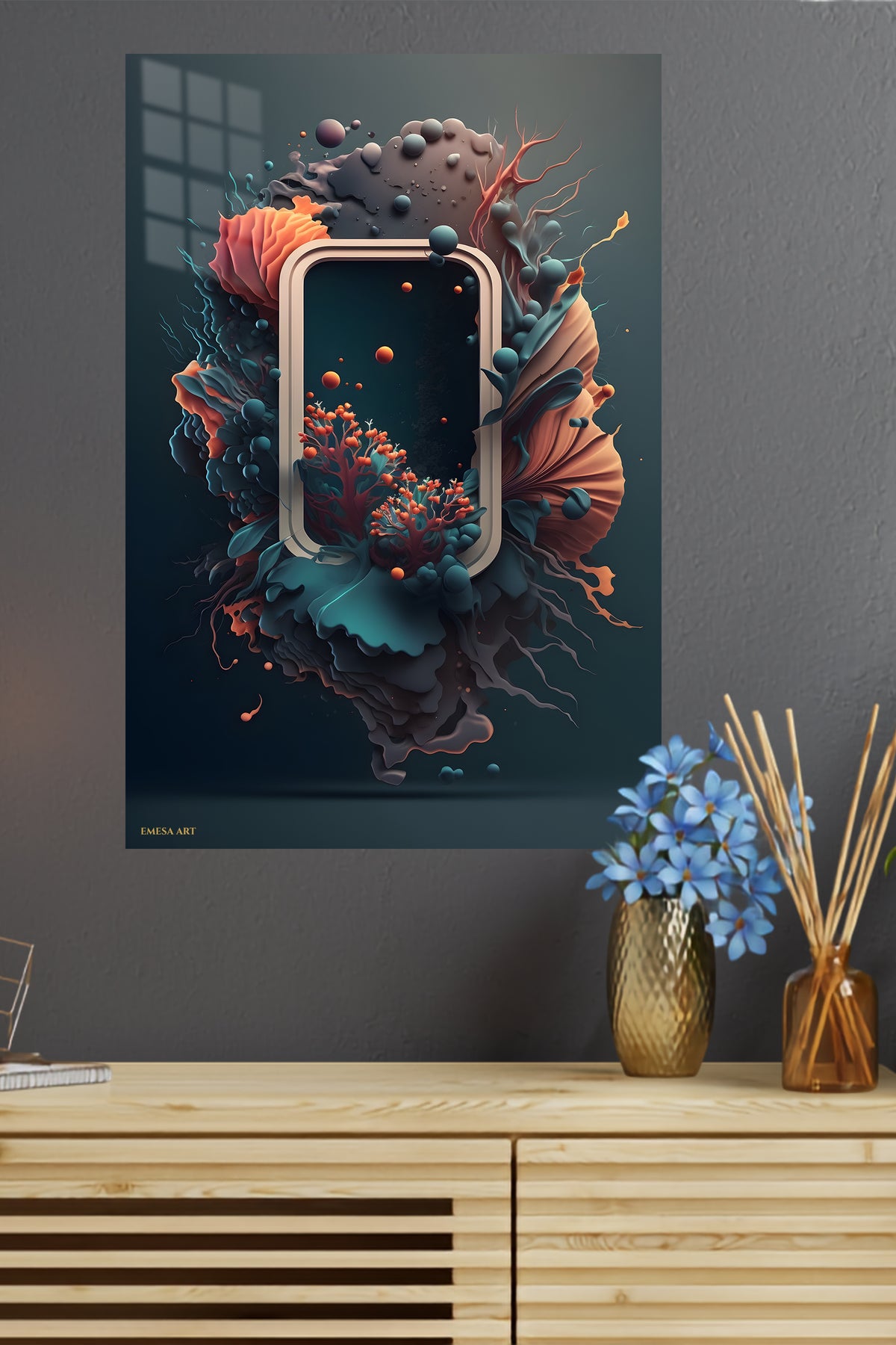 Golden Currents on Magenta metal wall art displayed in a modern interior