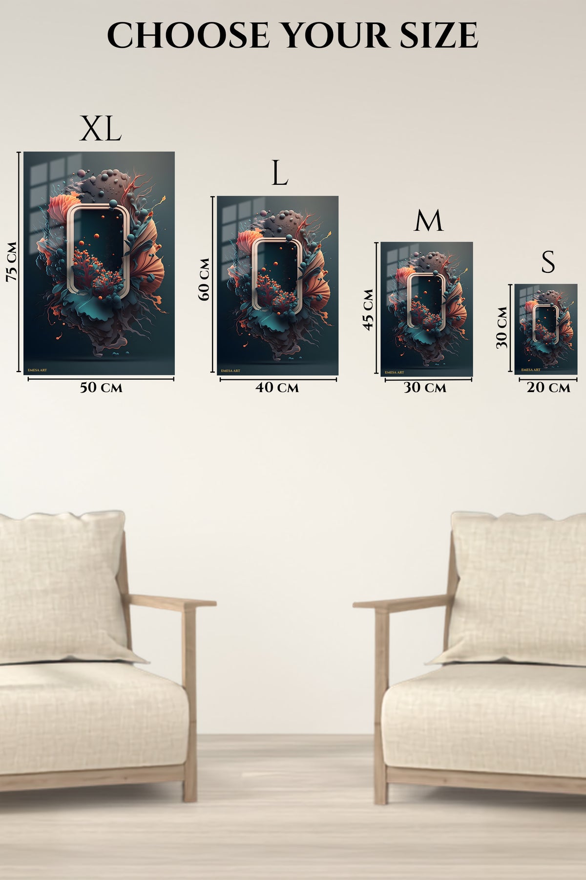 EMESA metal wall art size comparison guide for Golden Currents on Magenta