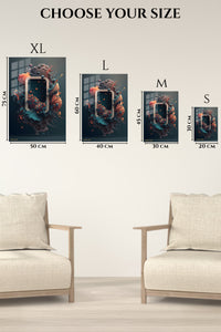 EMESA metal wall art size comparison guide for Golden Currents on Magenta
