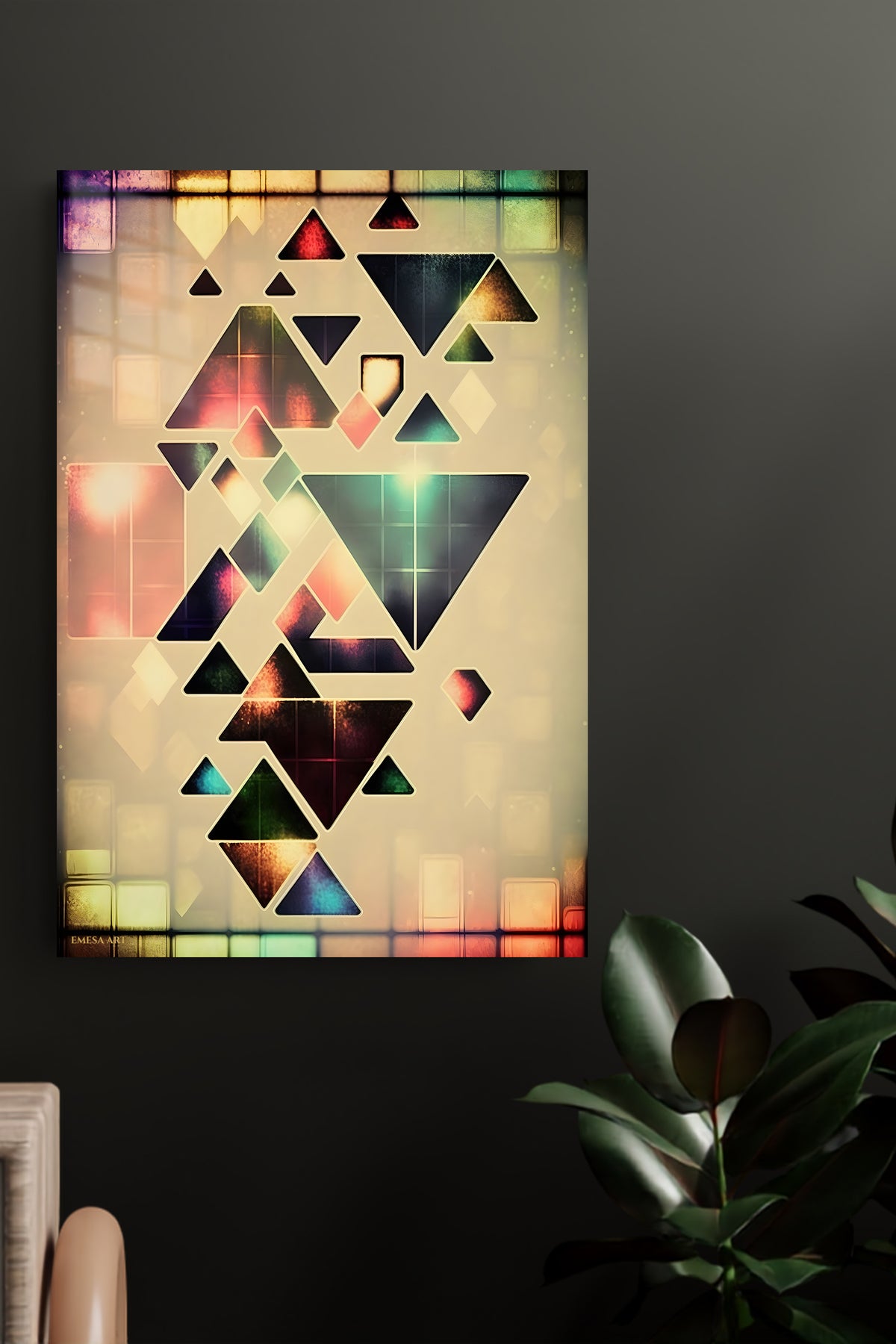 Layered Geometric Mountain Moon metal wall art displayed in a modern interior